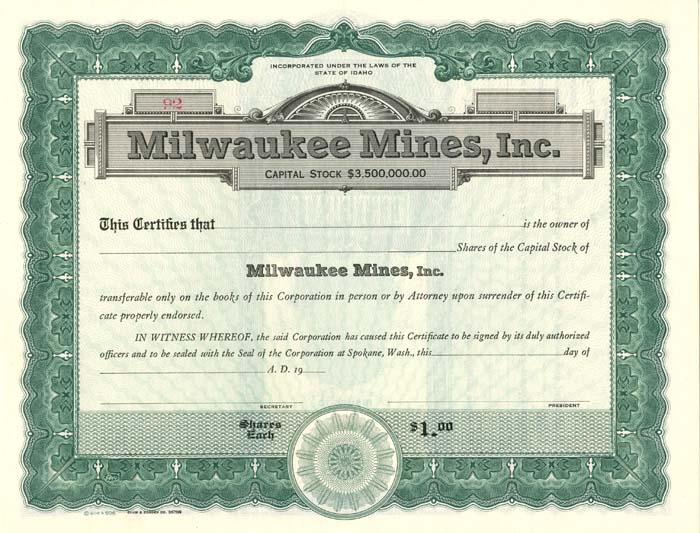 Milwaukee Mines, Inc. - Stock Certificate